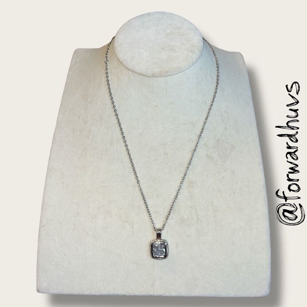 Silver Tone Necklace with Square Glass Pendant – 20” Chain